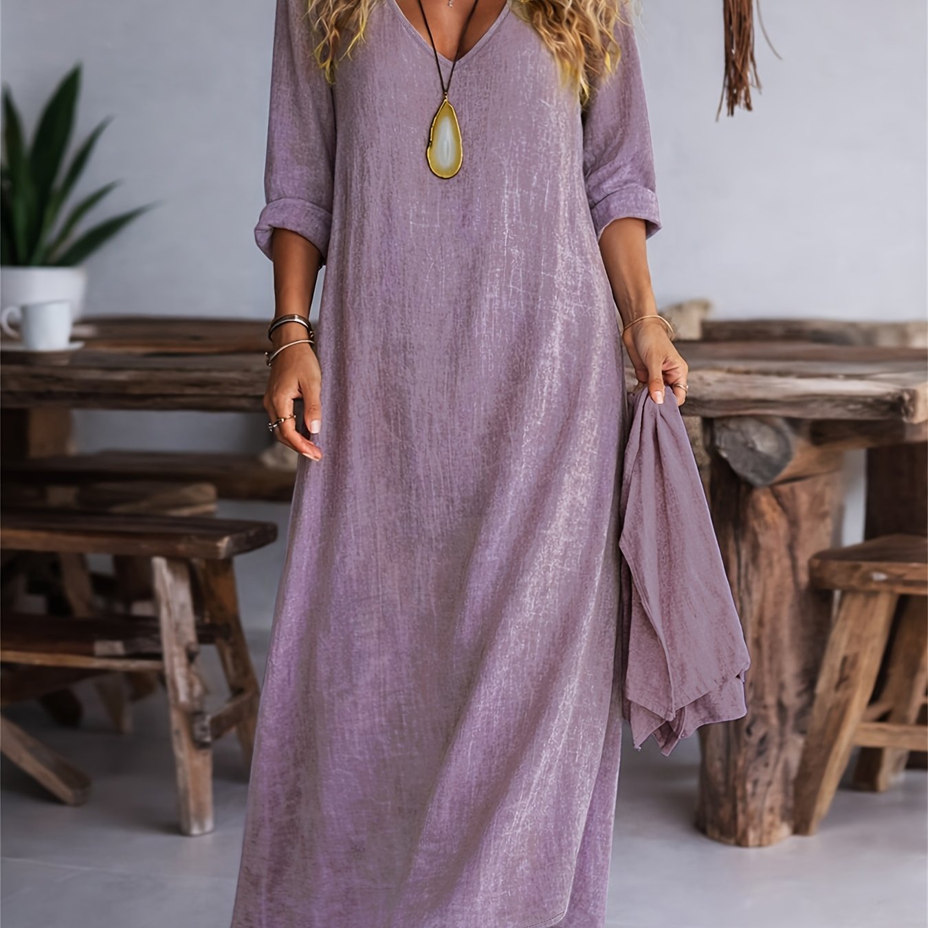 V-neck long sleeve loose linen maxi dress | Alba Muse