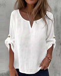 Round neck half sleeve casual button blouse, front view