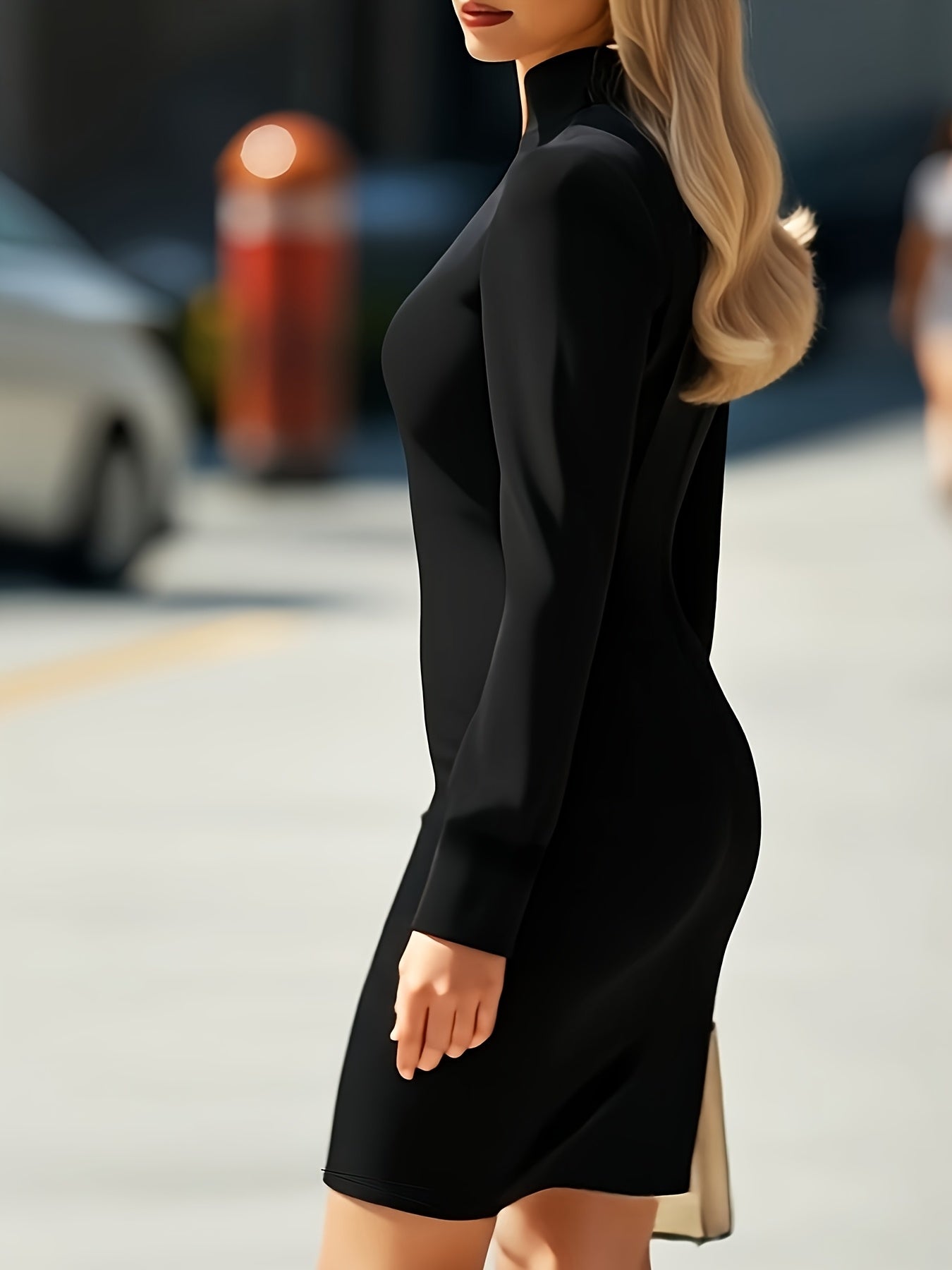 High neck long sleeve fitted mini dress with long sleeves