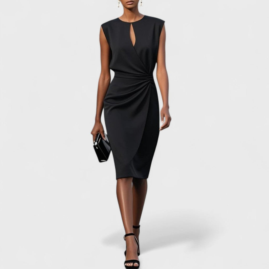 Elegant midi dress with graceful silhouette, back view