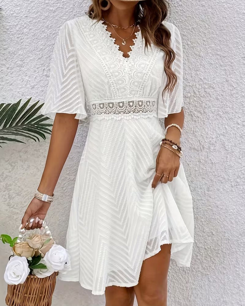 V neck lace patchwork half sleeve mini dress, styled view