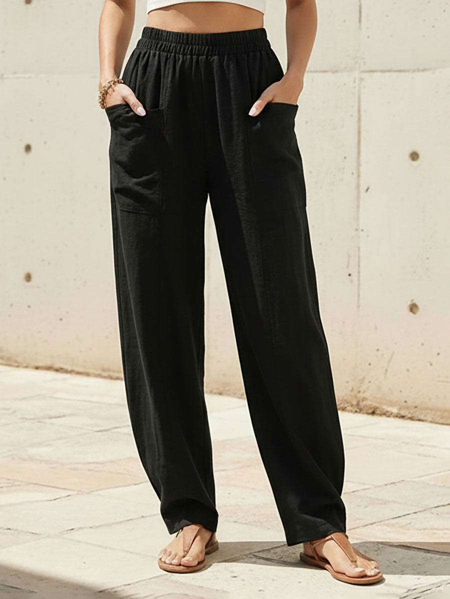 Loose Fit Elastic-Waist Trousers with Pockets