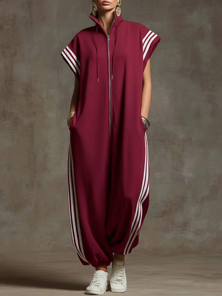 Plus Size Striped Sleeveless Jumpsuit with Stand Collar