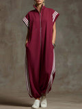 Plus Size Striped Sleeveless Jumpsuit with Stand Collar