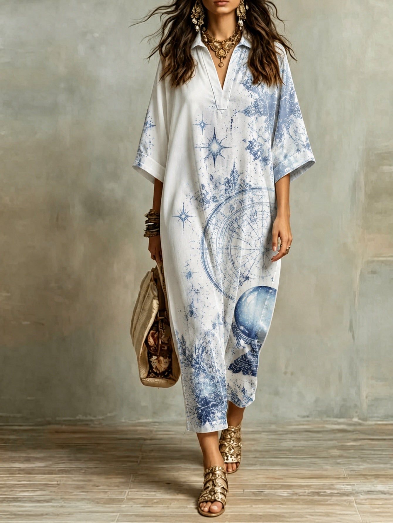 Vintage V-neck mid-sleeve star print maxi dress | Alba Muse