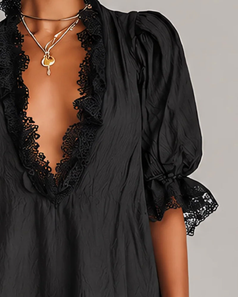 Lace patchwork mini dress with puff sleeves, side view