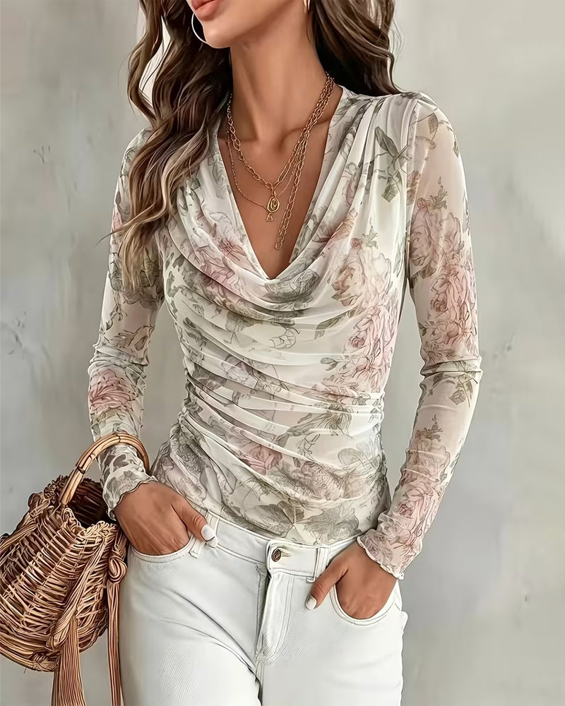 Women's White Gathered-Neck Floral Print Pleated Blouse