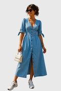Tailored waist denim dress in blue, front view