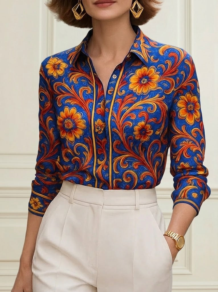 Blue flower print lapel blouse, front view