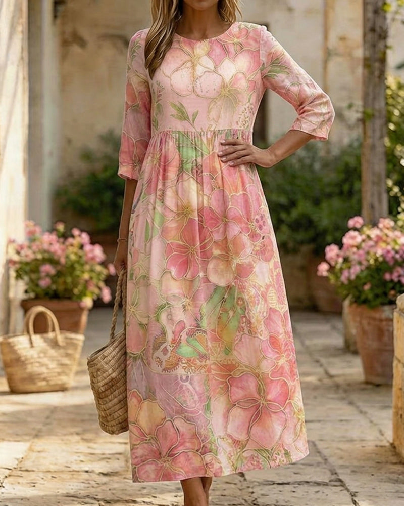 Watercolour floral full skirt maxi dress in pink, styled view