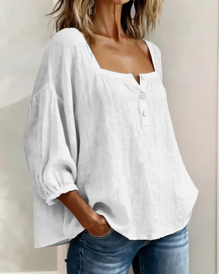 Square neck boho shirt model wearing with jeans, casual styling | Alba Muse