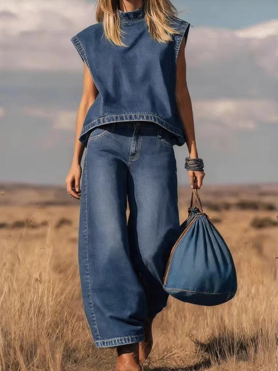 Pink denim mock neck vest top co-ord set, front view