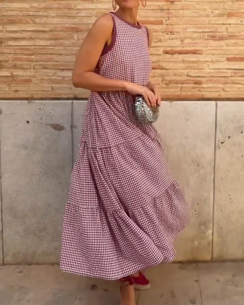 Burgundy Plaid Round Neck Sleeveless Midi Dress — worn on model