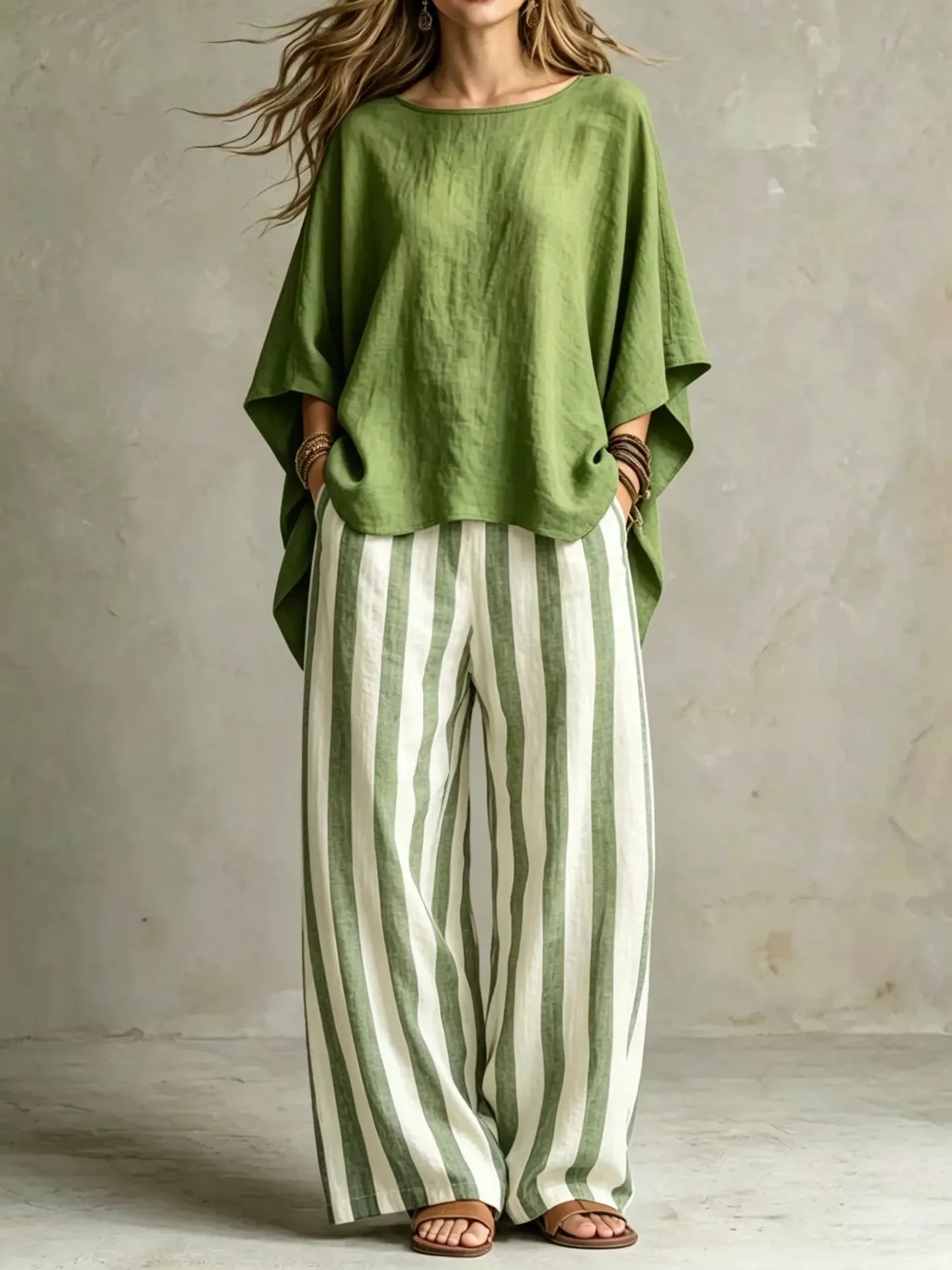 Olive solid colour top co-ord set, front view
