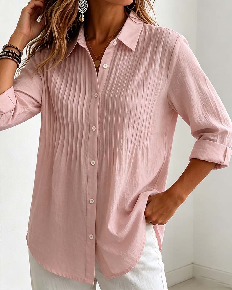 Women's Pink V-Neck Shirred Button Long-Sleeve Blouse