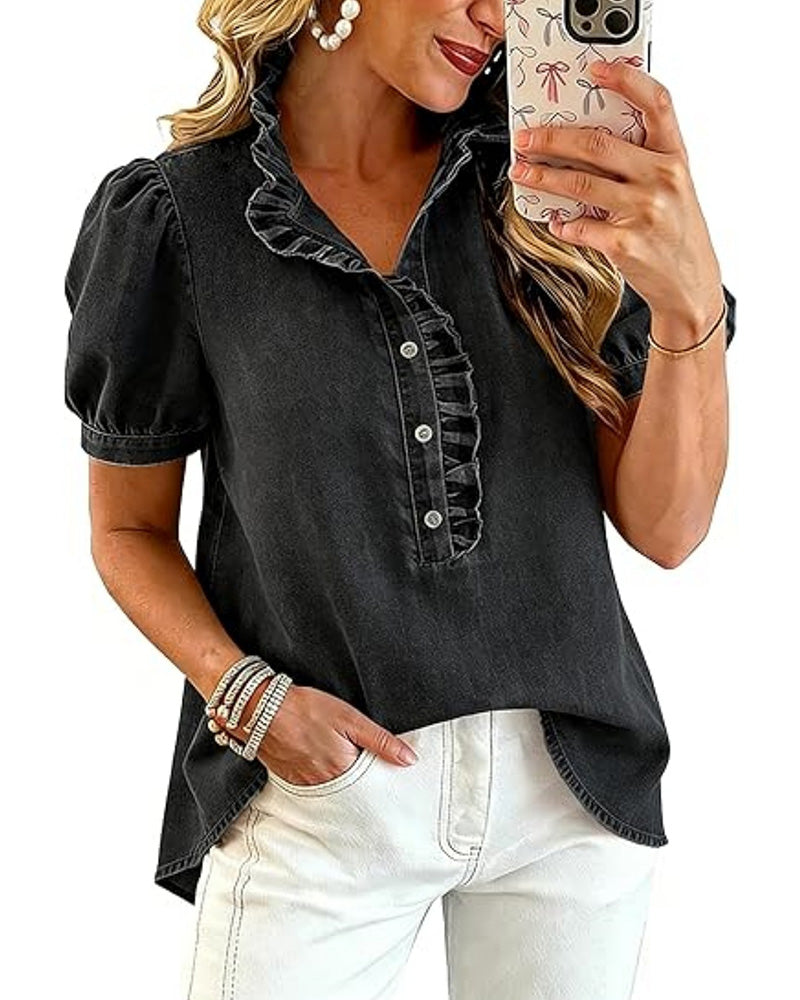 Button-up ruffle denim blouse, full view