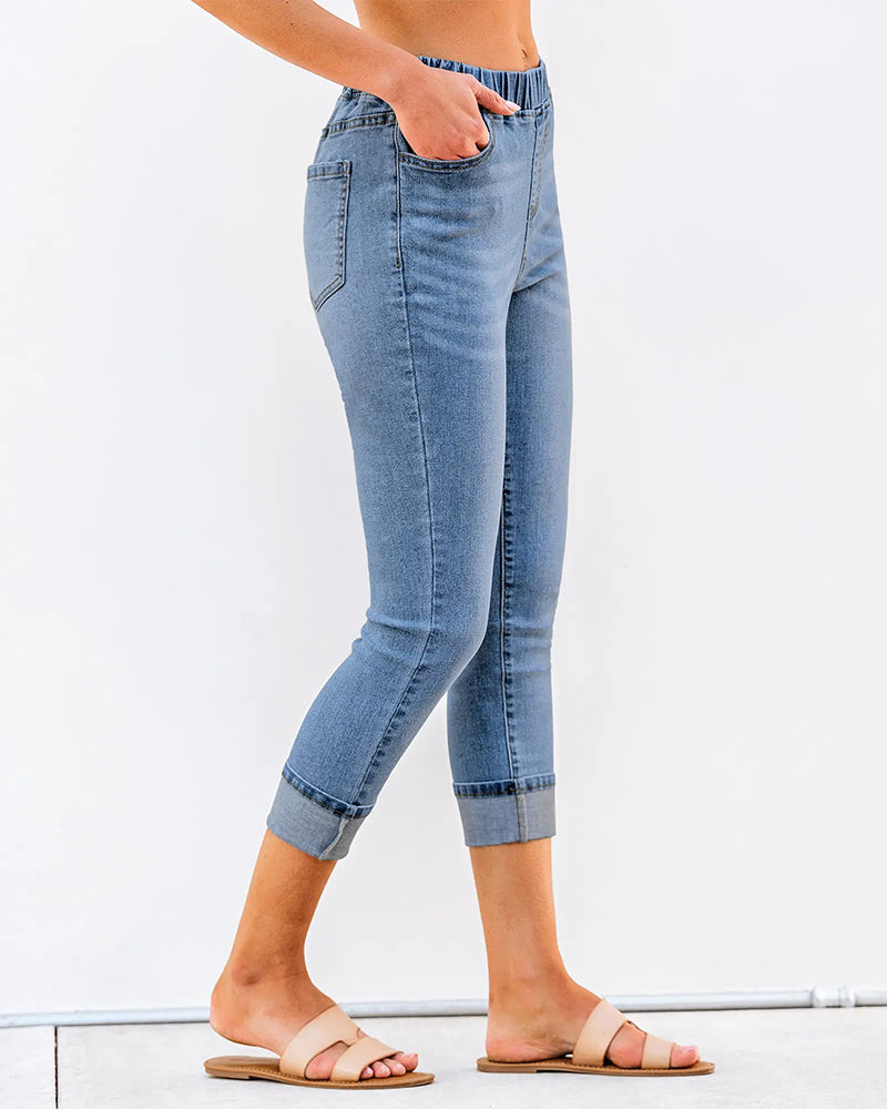 Capri jeans with elastic waist, side view