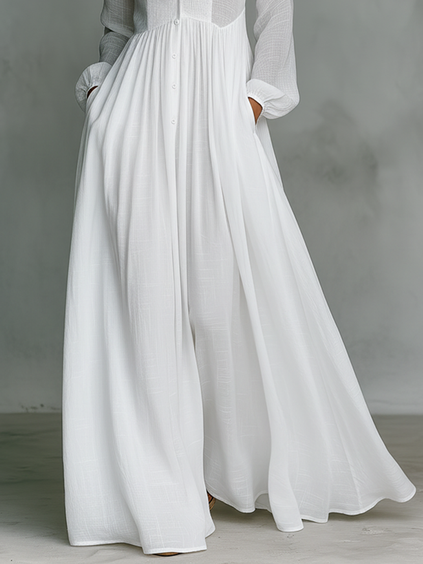 Women's Effortless Linen Maxi Dress with Stand Collar