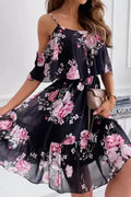 Floral print summer mini dress in white, front view