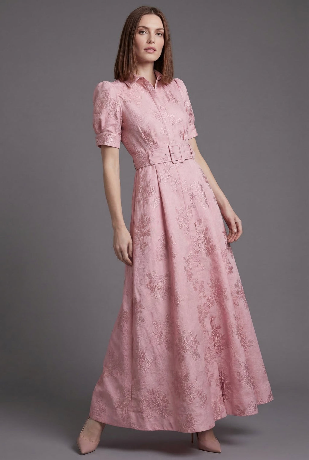 Belted puff sleeve full skirt maxi dress – front view
