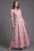Belted puff sleeve full skirt maxi dress – front view