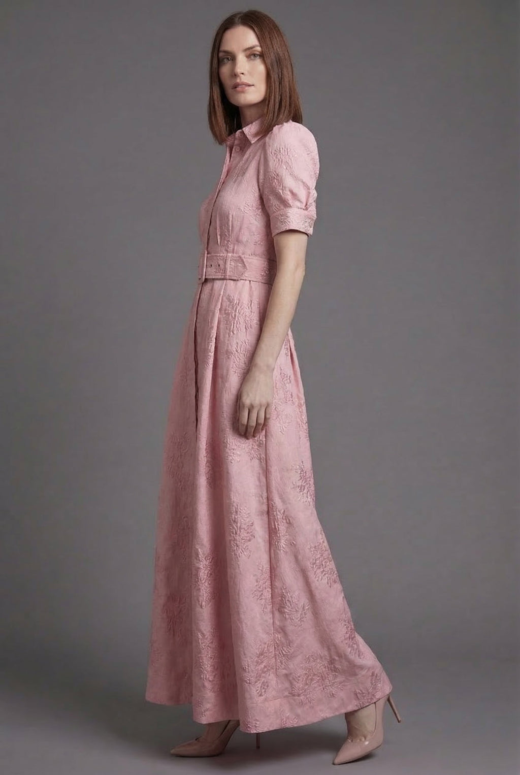 Women's stand-up collar A-line maxi dress with belt – side view
