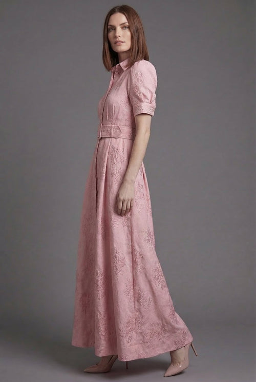 Women's stand-up collar A-line maxi dress with belt – side view