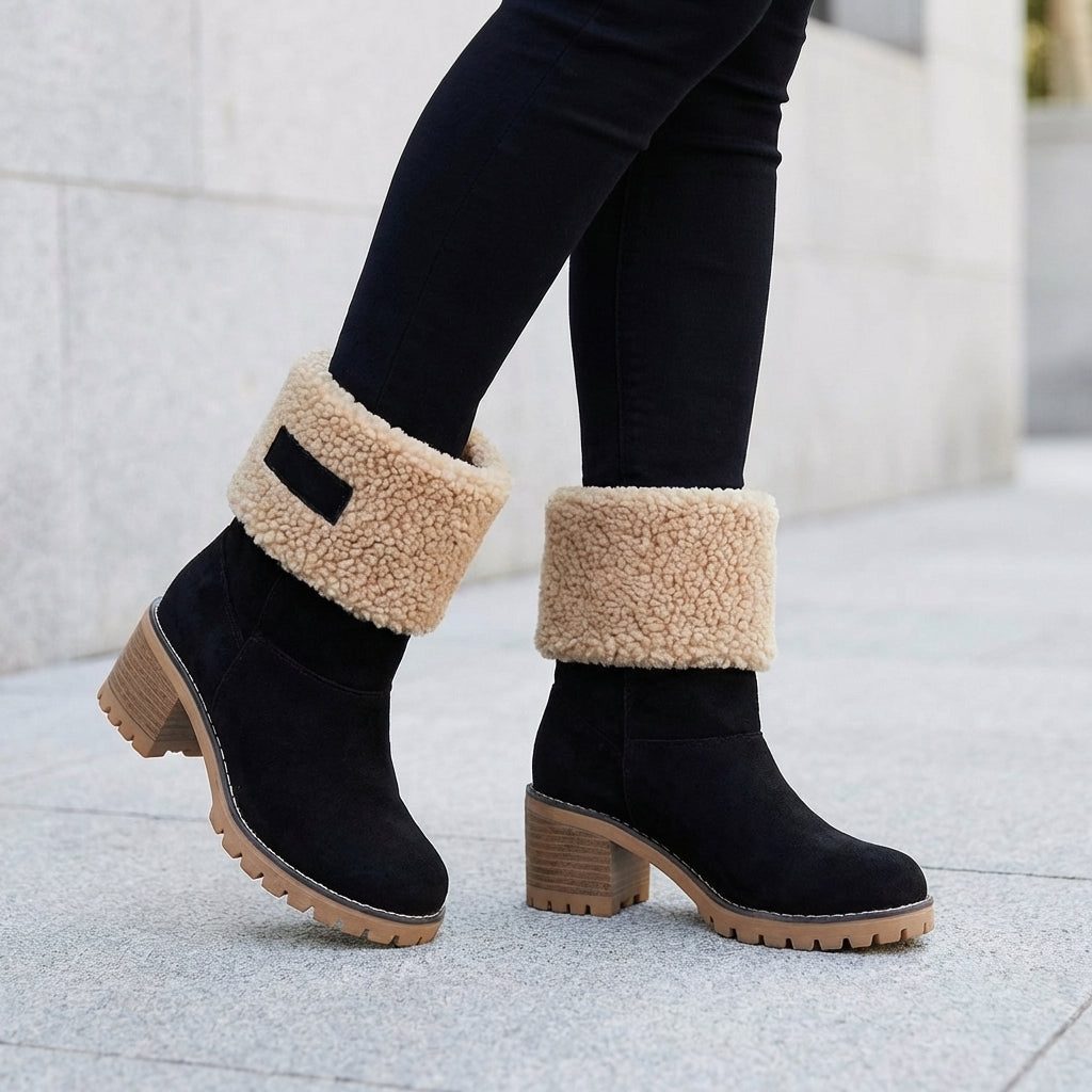 Black fleece lined lug sole block heel ankle boots, front view