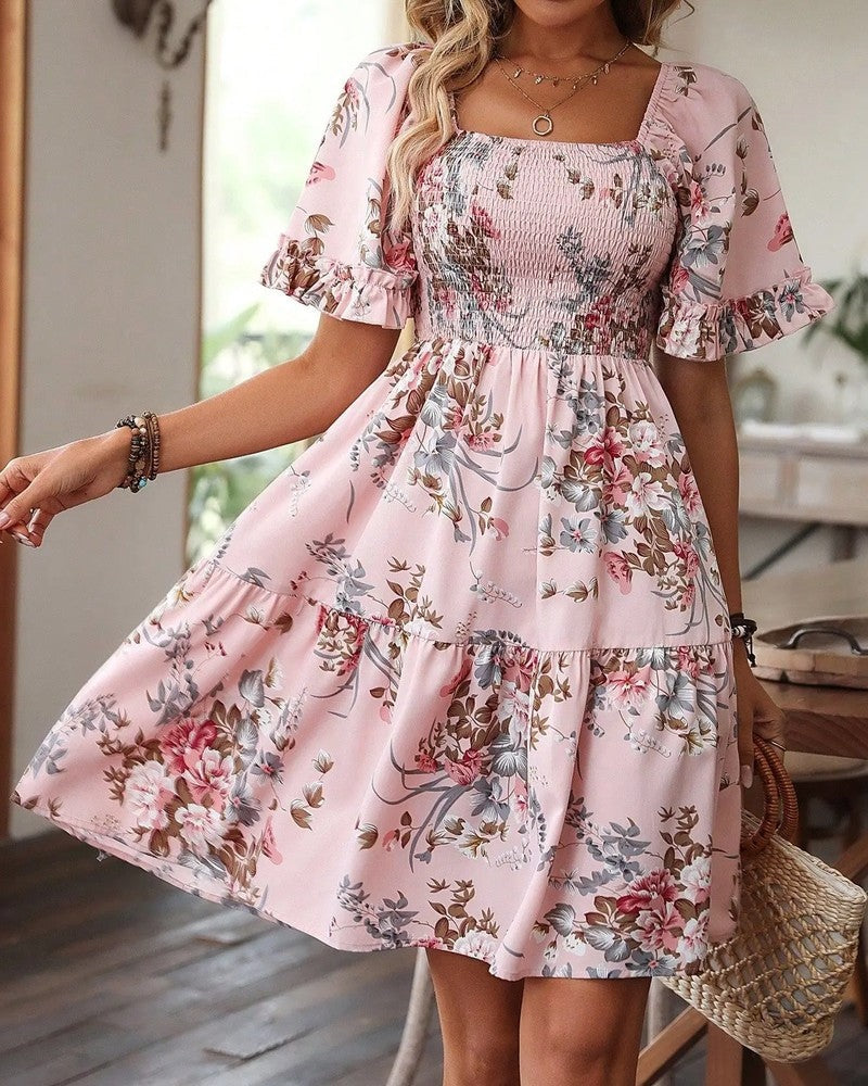 Floral puff sleeve mini dress in pink, front view