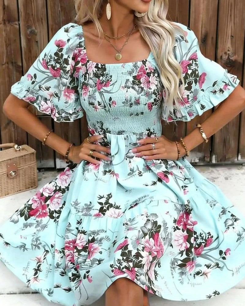 Floral smocked puff sleeve mini dress in purple, full length view