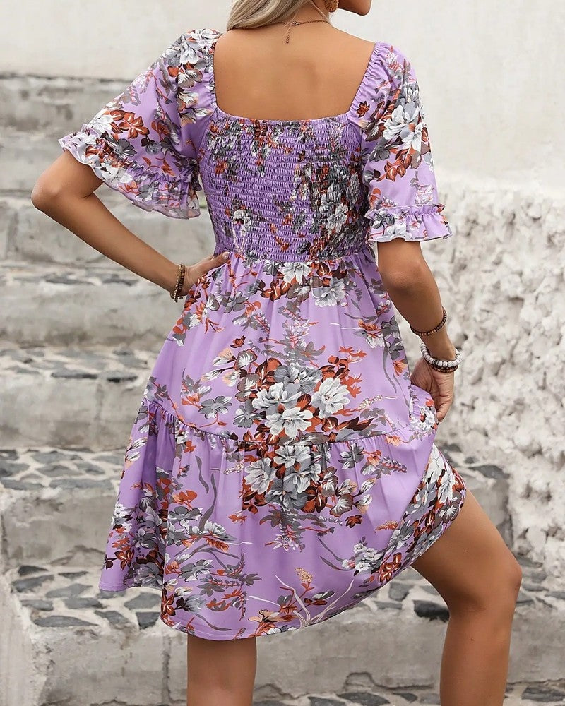 Floral puff sleeve mini dress in pink, back view
