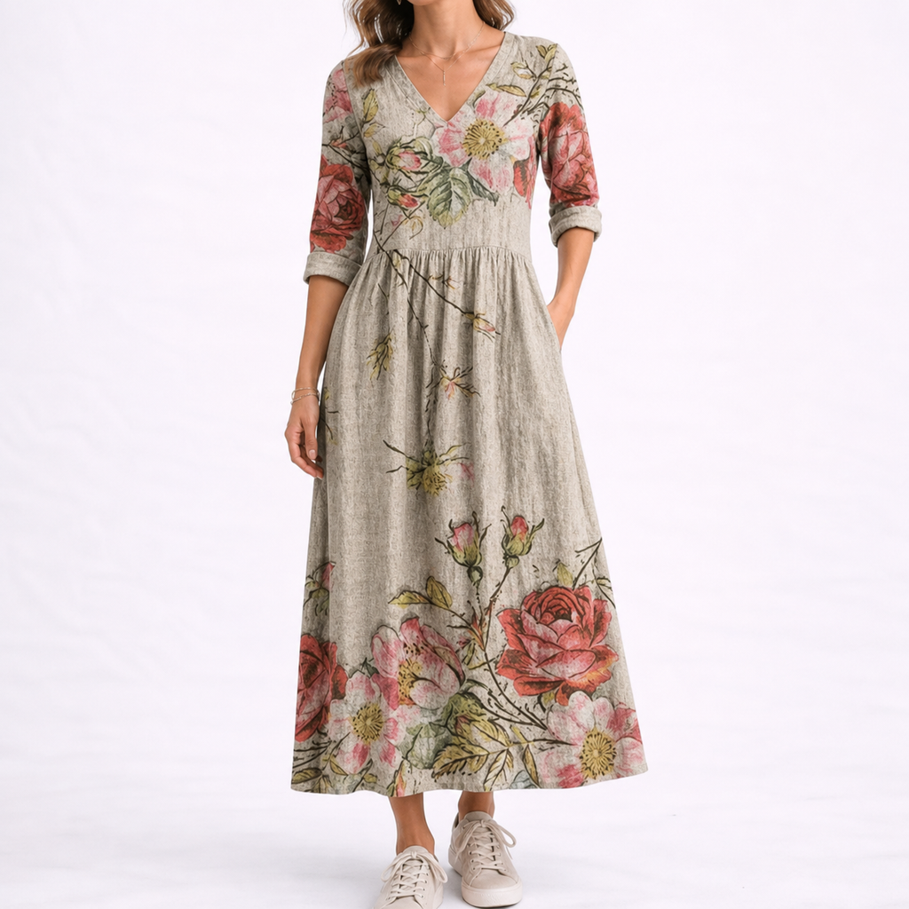 V-neck floral midi dress women's comfortable loose waist | Alba Muse