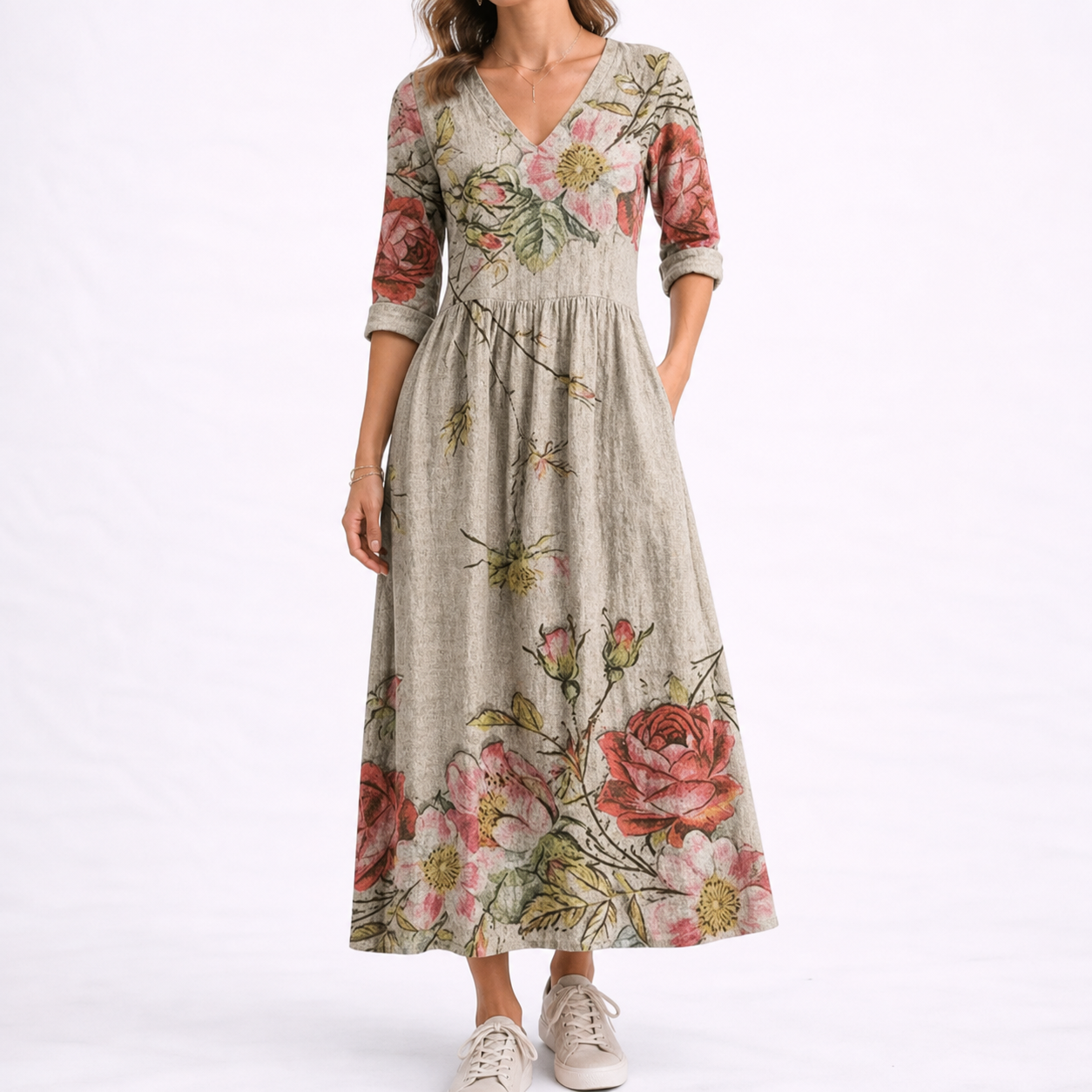V-neck floral midi dress women's comfortable loose waist | Alba Muse