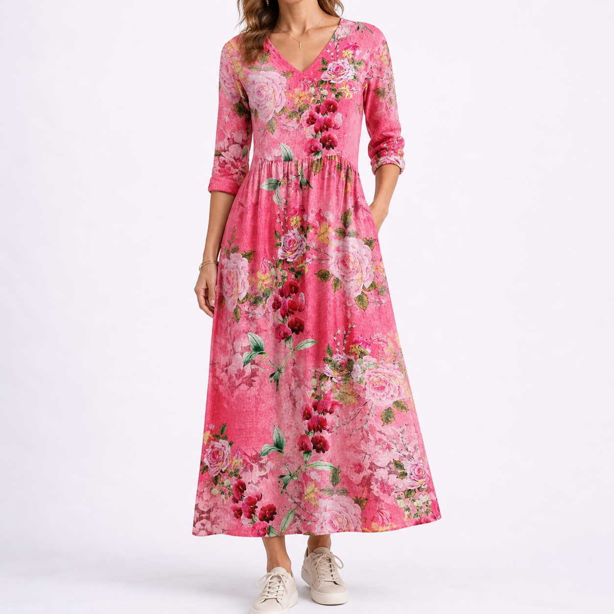 Women's botanical print V-neck midi dress relaxed fit | Alba Muse