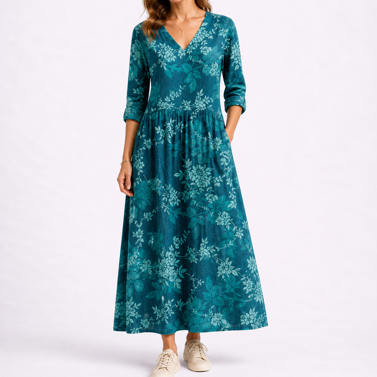 Floral V-neck midi dress women's 3/4 sleeve summer | Alba Muse