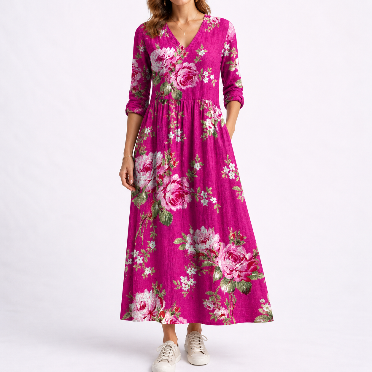 Summer floral midi dress for women V-neckline side pockets | Alba Muse