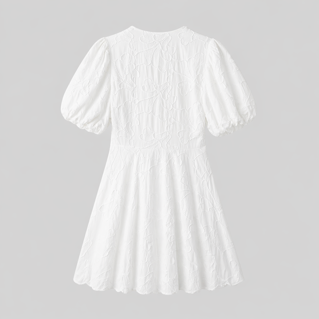 Floral Print V-Neck White Midi Dress, detail view