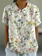Women's Vintage Floral Embroidered Linen Blouse side view - Classic Collar Short Sleeve Blouse