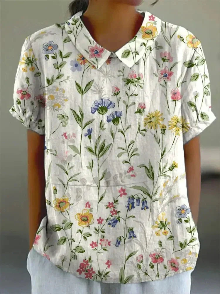 Women's Vintage Floral Embroidered Linen Blouse side view - Classic Collar Short Sleeve Blouse