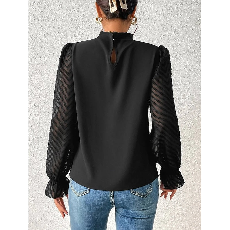 High-Neck Long Sleeve Blouse with Pleated Detail