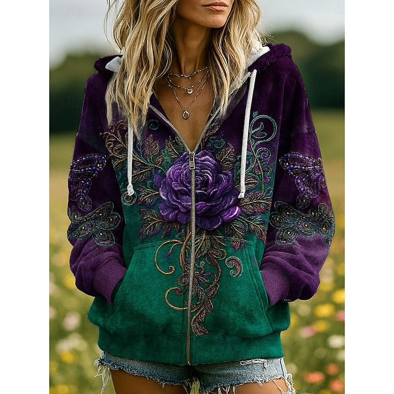 Green nature-inspired zip-up hoodie