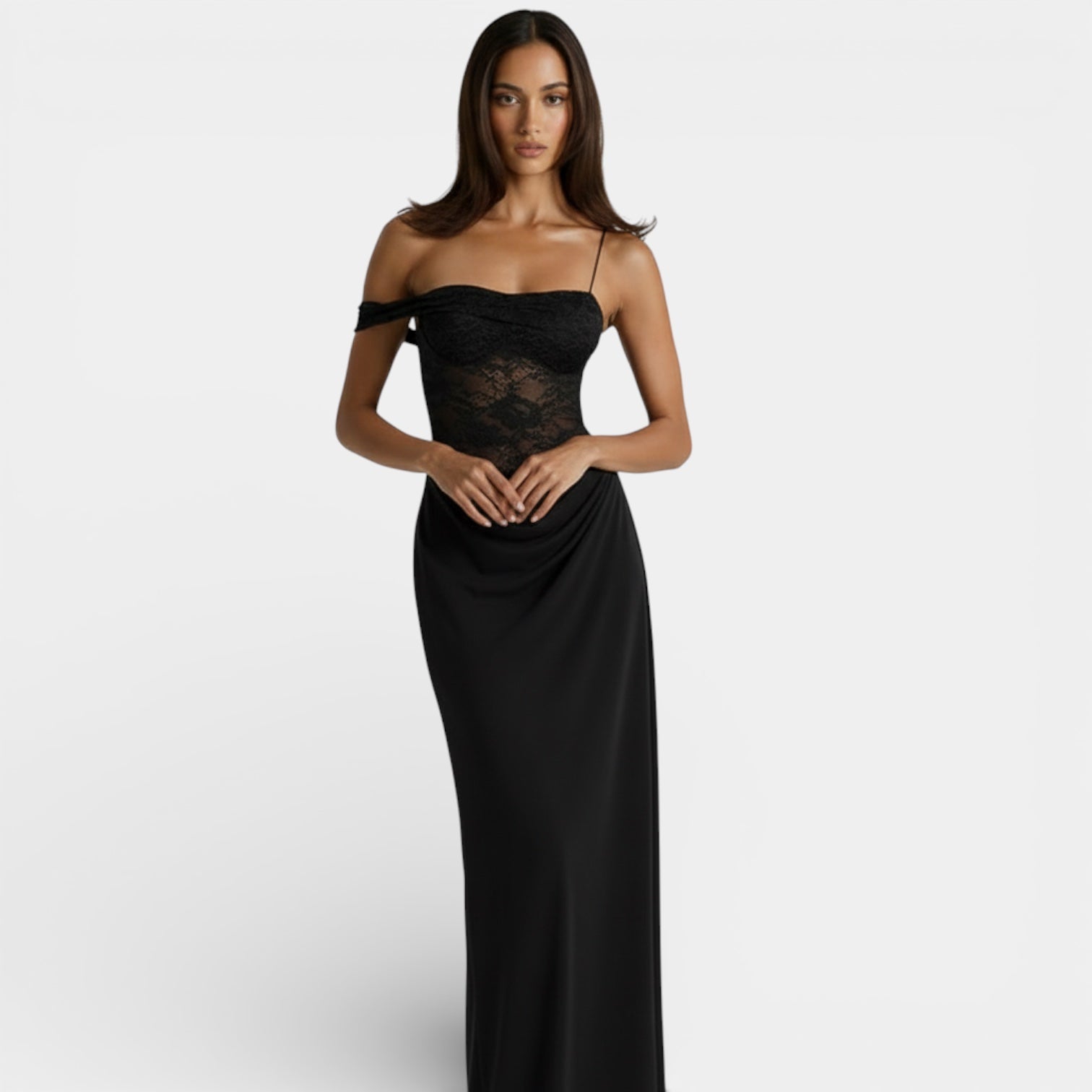 Women’s Lace Bodice Evening Gown – Off-Shoulder Draped Maxi Dress
