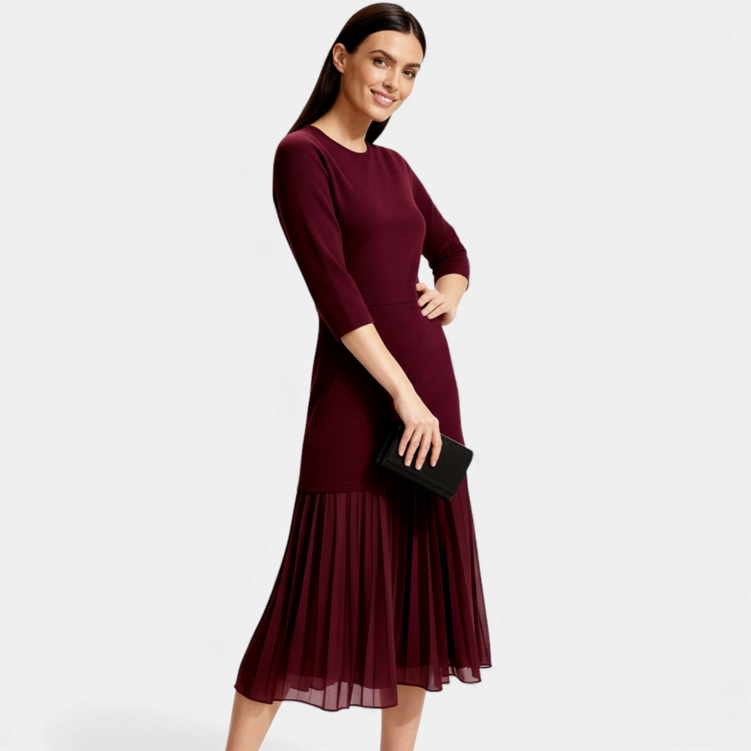 Women’s Elegant Long Sleeve Knit Midi Dress - Pleated