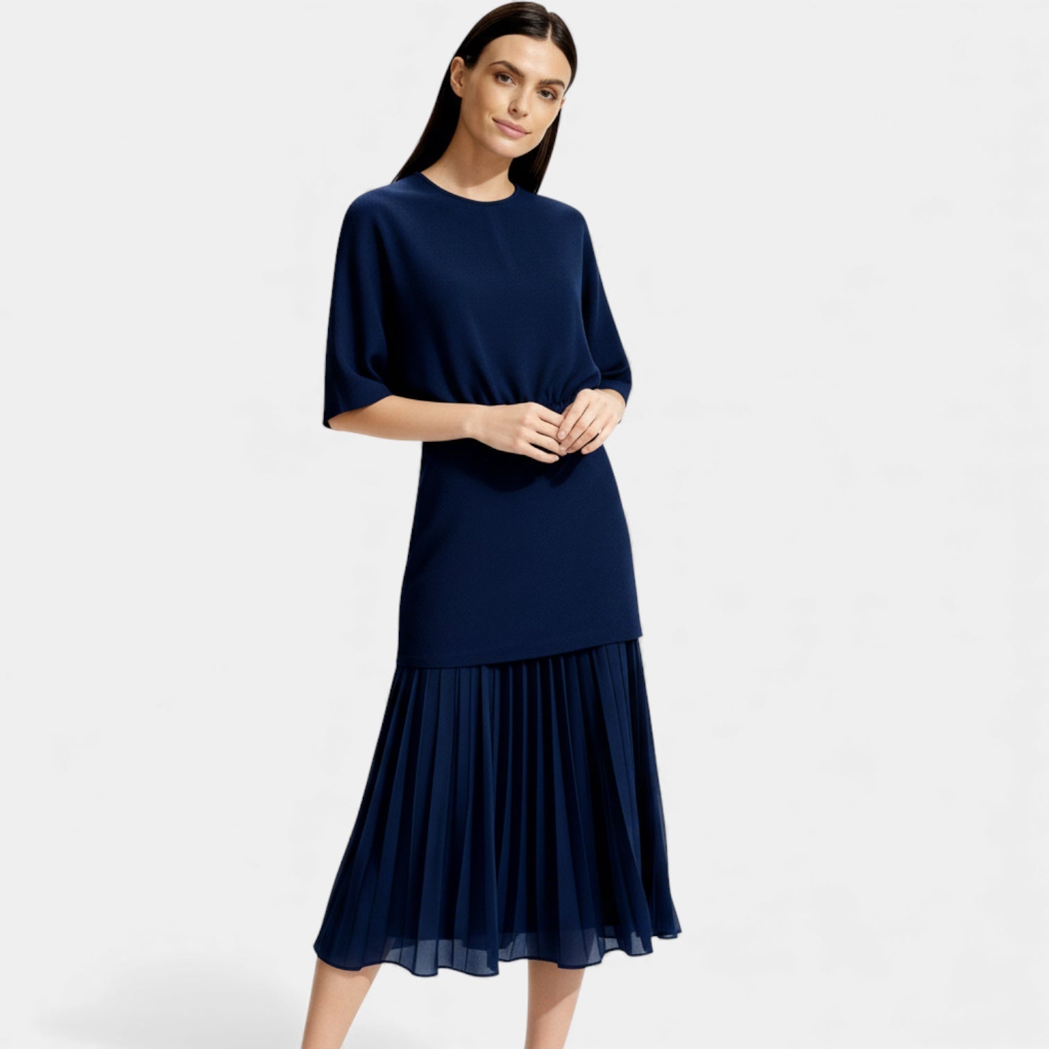Women’s Elegant Long Sleeve Knit Midi Dress - Pleated