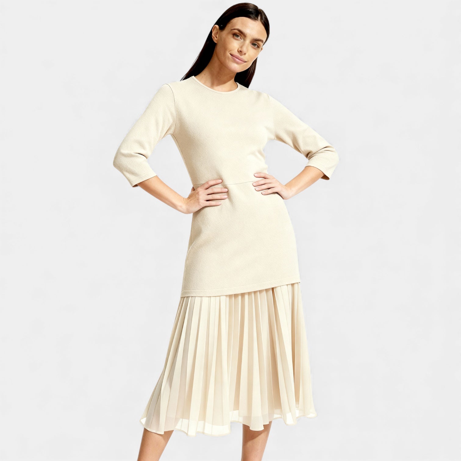 Women’s Elegant Long Sleeve Knit Midi Dress - Pleated