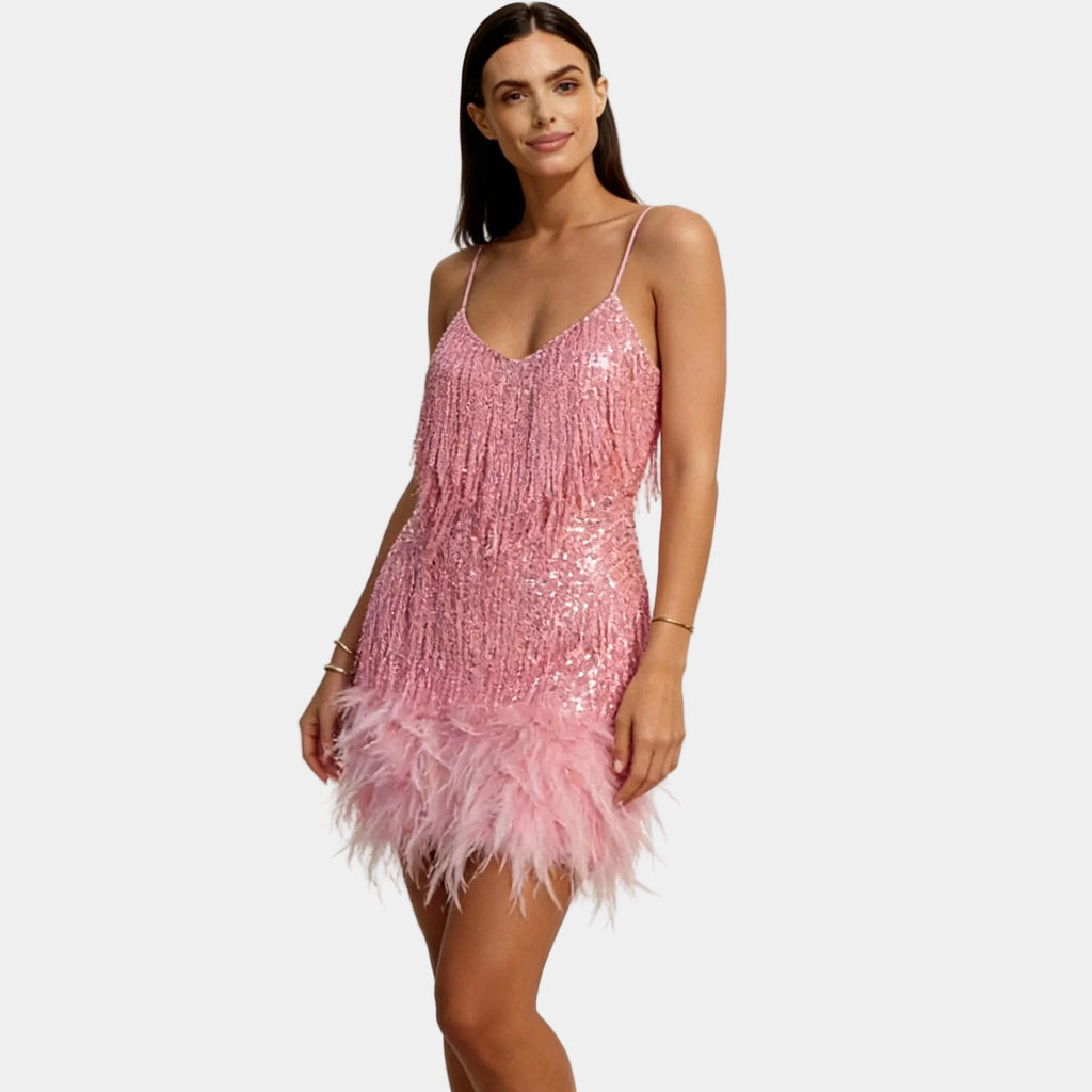 Pink sequin feather mini dress – spaghetti strap front view
