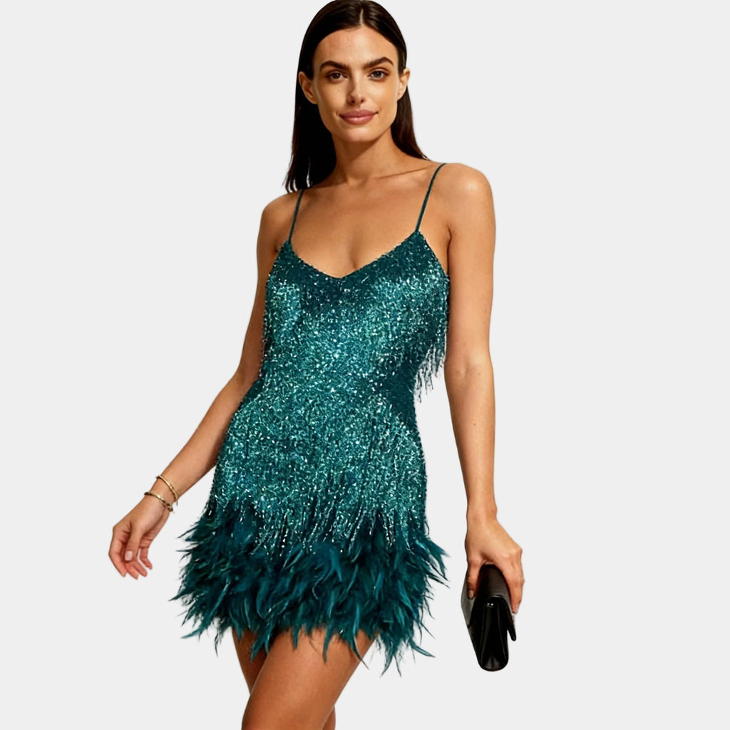 Teal sequin feather mini dress – spaghetti strap front view