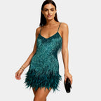 Teal sequin feather mini dress – spaghetti strap front view