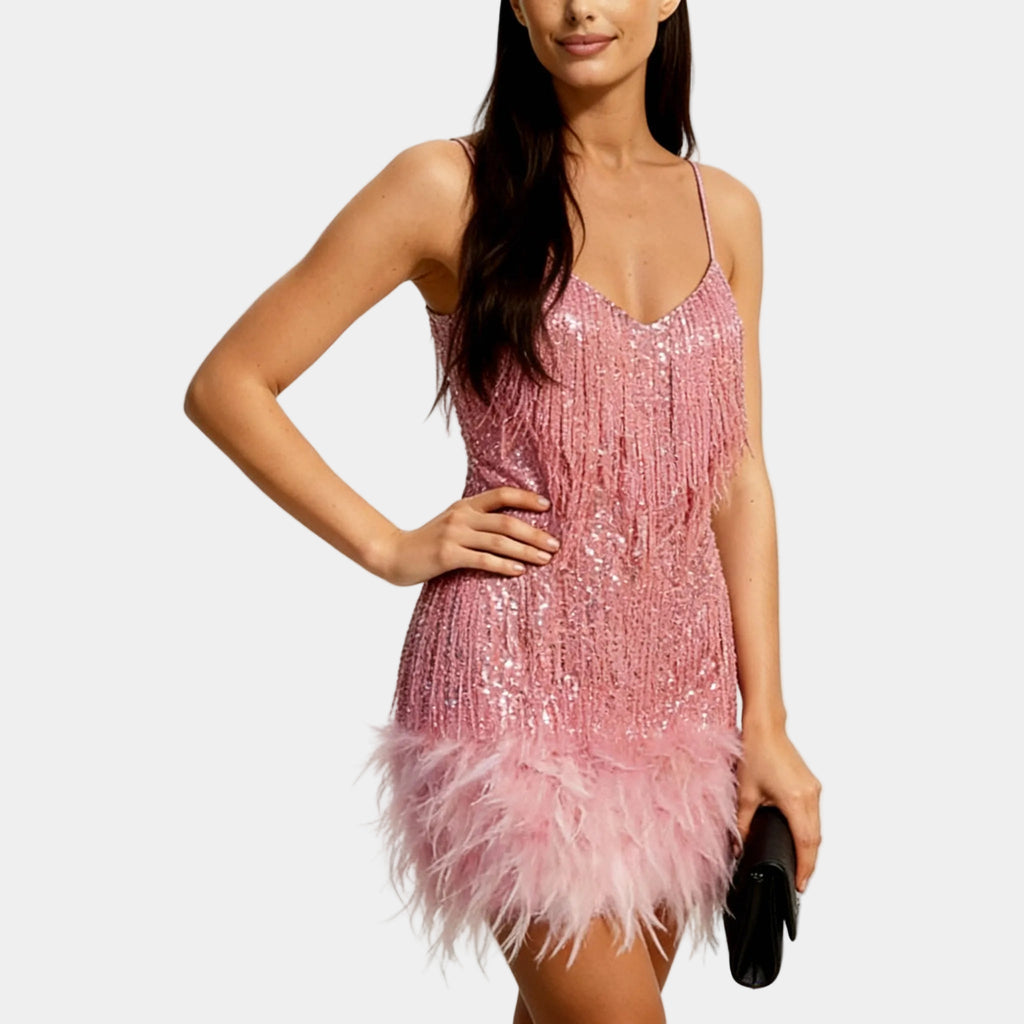 Pink sequin feather mini dress – spaghetti strap angled view