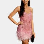 Pink sequin feather mini dress – spaghetti strap angled view